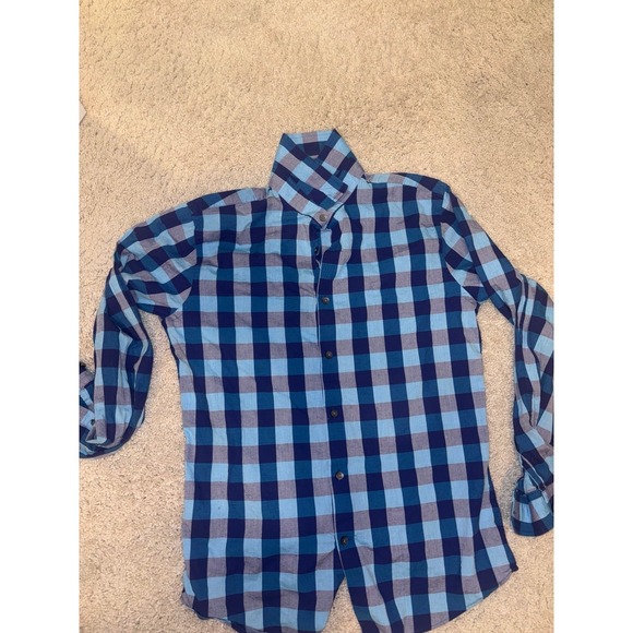 Express Mens Long Sleeve Button Down Shirt Blue Plaid Pattern Casual - Picture 1 of 3